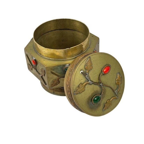 Vintage Chinese Brass Trinket Box With Enamel Inlays Decorative Lid Snuff - Picture 11 of 13